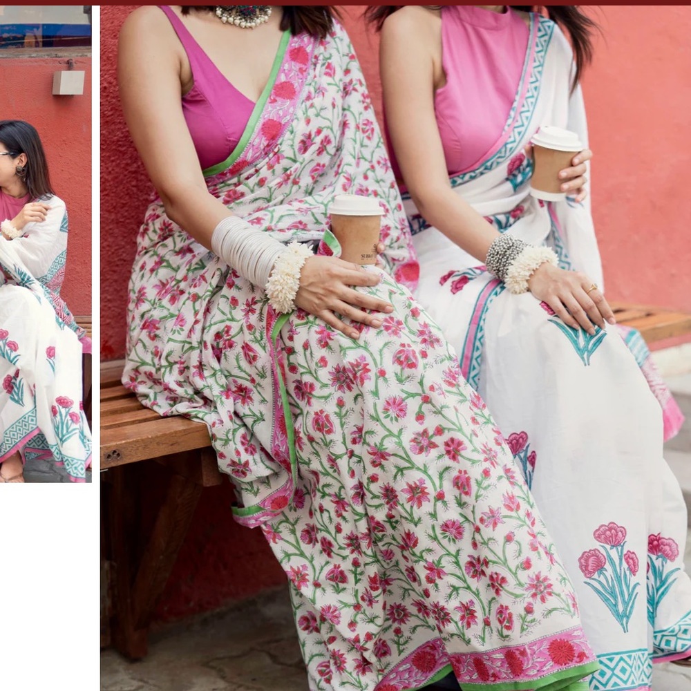 Floral Print Fabric with Pink and Green Accents New block Print cotton Saree - Picture 5 of 15